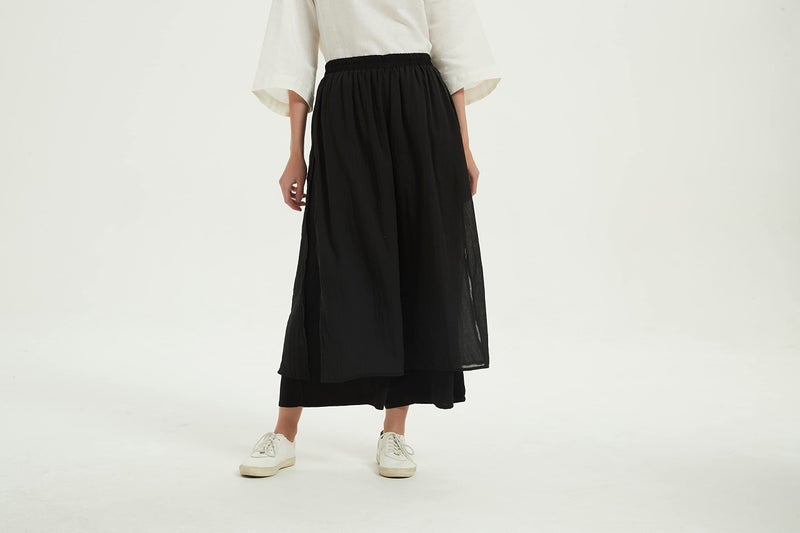 Minibee Women's Wide Leg Pants Loose Layer Capris Palazzo Elastic Waist Trousers Black L - Image 4